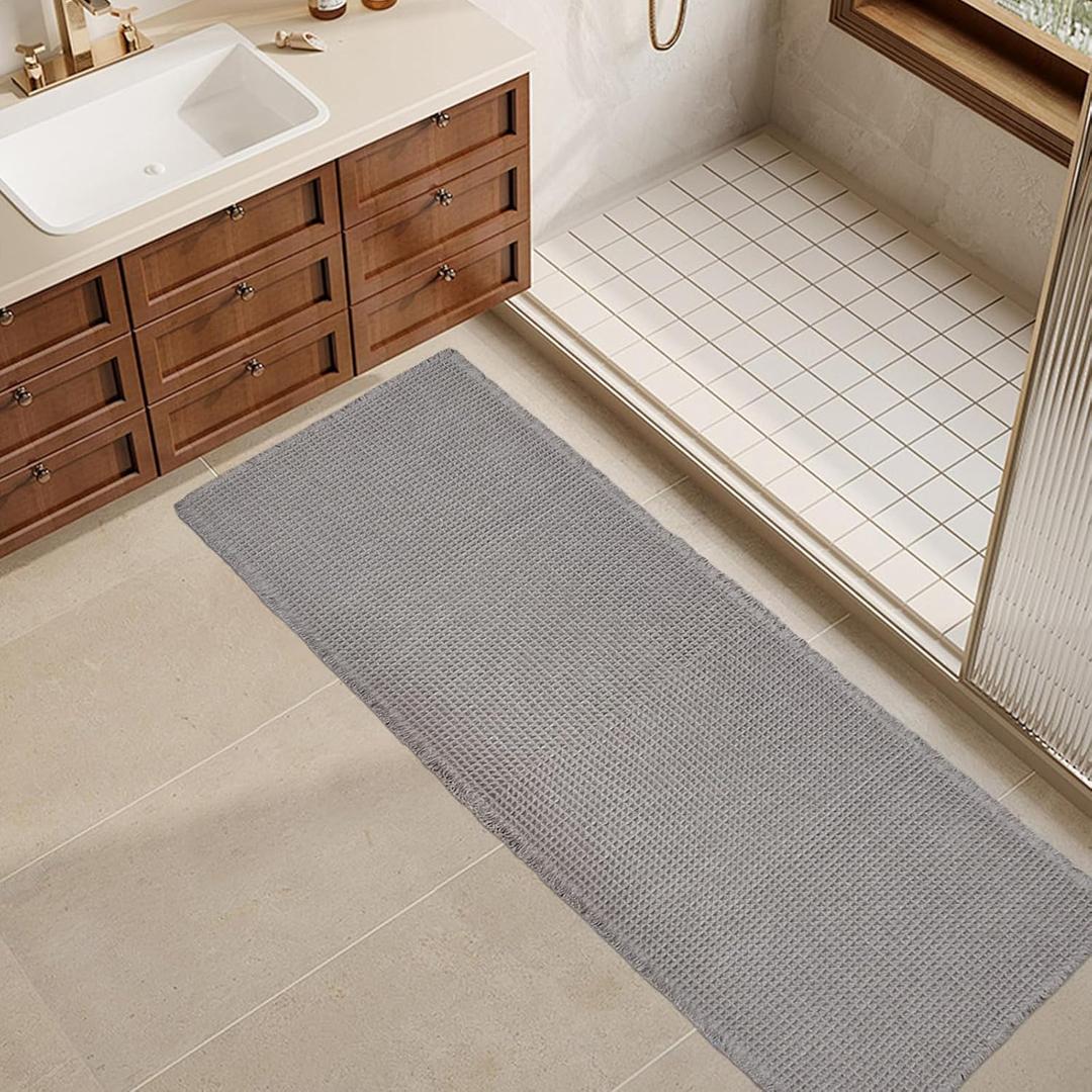 ZALL Grey Waffle Bath Mat,Super Absorbent Non Slip Long Bathroom Runner Rug,Gray 2' x 6' (Rectangular),Machine Washable Ultra Soft Floor Mats