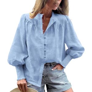PRETTYGARDEN Womens Spring Long Sleeve Tops Dressy Casual Button Down Smocked Cuffed Office Business Work Blouses Shirts (Blue, M)
