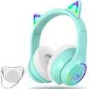 LOBKIN Bluetooth 5.4 Kids Headphones with Case - RGB LED Light Up Cat Ears Foldable Adjustable Over Ear Headphone Support Wireless or 3.5mm Wired Mode for Toddler & Girls & Boys Teens (Green)