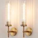 19.5" Knurled Brass Wall Sconces Set of 2, Gold Bathroom Vanity Light Fixtures with Vertical Striped Glass Tube, Modern Lamp Lighting for Bedroom, Living Room, Hallway, Staircase, Mirror, Kitchen