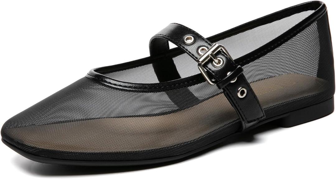 Rihero Mesh Ballet Flats for Women Square Toe Buckle Strap Mary Jane Flats Comfortable Casual Ballerina Shoes (6, Black)