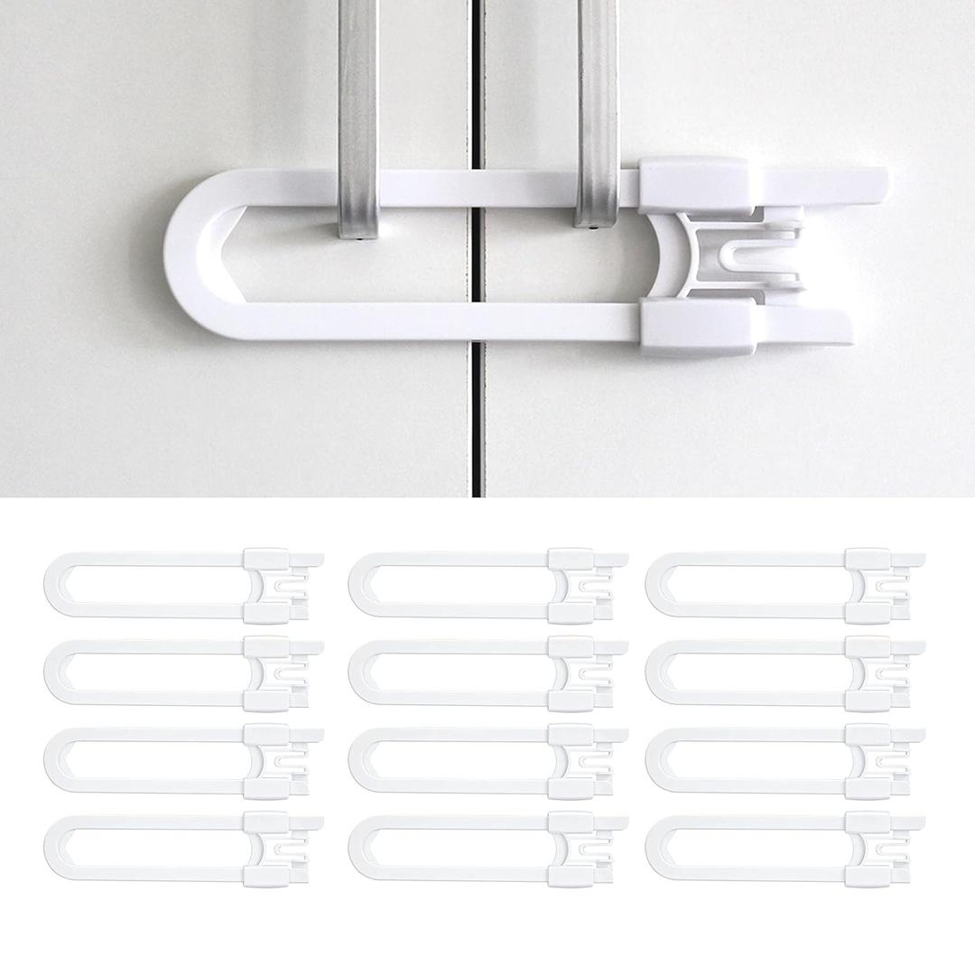 Sliding Door Lock, U-Shaped Adjustable Child Safety Latch for Double Handles, White, 4-Pack