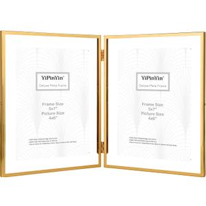 Gold 5x7'' Double Floating Frame For Photo Sizes 3.5 x5'', 4x6'',5x7''Gold Plated Metal double Photo Frames For Counter Shelf Display,Gift Choice for Wedding,Thanksgiving,Home or Office Decor.
