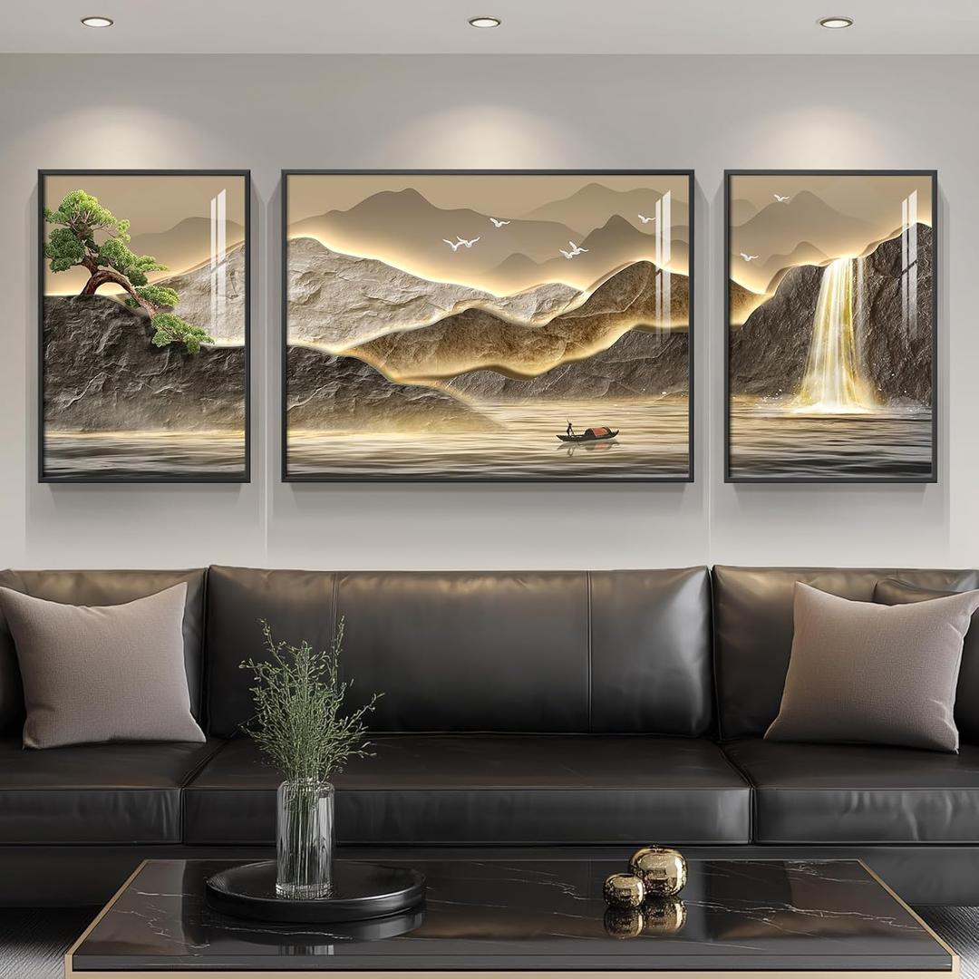 Framed Mountain Wall Art for Living Room, 3 Piece Brown Landscape Painting Prints, Modern Luxury Bright Style Pine Tree Waterfall Artwork for Dining Room,Hallway Office Wall Decor, 24" H x 64" W