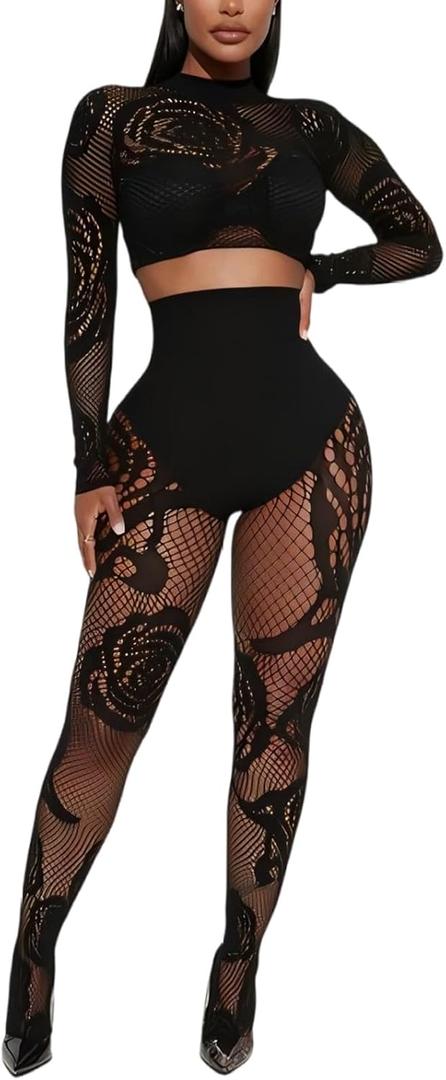 Women's Sexy Fishnet Seamless 2 Piece Outfits Mock Neck Long Sleeve Crop Top Legging Set Club Lingerie Sets (Black), One Size