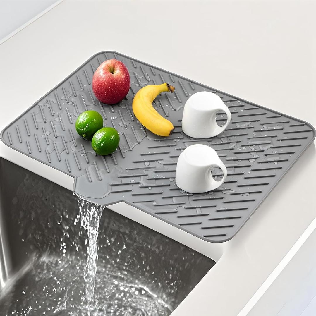 Silicone Drying Mat, 23"X17" With Built-in Drain Lip,Heat-Resistant,Eco-friendly,Hygienic Drying Pad,Leak-Proof and Non-Slip,Silicone Dish Drying Mat for Kitchen Counter or SinkGray 23X17