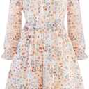 Girls Fall Long Sleeve Dress Floral Ruffle Flower Girl Formal Party Holiday Midi Dresses with Belt 5-14 Years (7-8 Years)