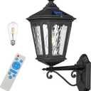 Solar LED Wall Light Outdoor with Remote Control, 22'' Front Door Sconce Dusk to Dawn 3 Lighting Modes Solar Exterior Wall Lantern Outside Lights for Patio Doorway Porch Walkway, Black, Medium