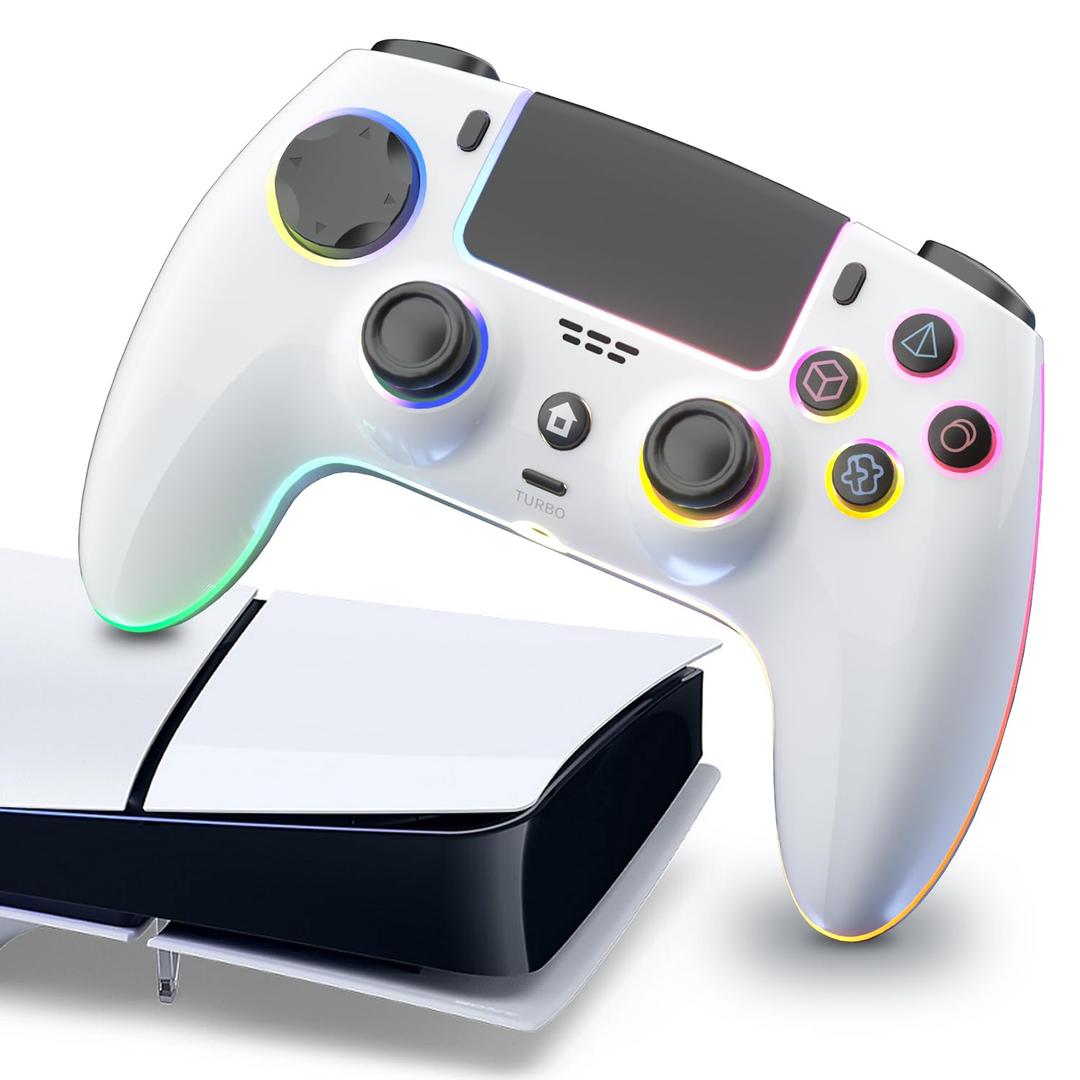 ThinTree Wireless Controller Compatible for PS-5/Pro/Slim/PC, Hall Effect Sticks & 7 RGB LED Mode & haptic Feedback & 1500 mAH Battery & Motion Sensing, 3.5mm Audio Jack (White)