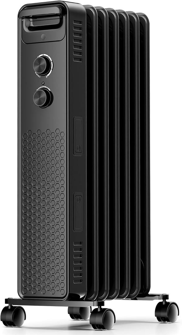 Portable Electric Radiator Heater, Space Oil Filled Heaters with 3 Heat Settings, Adjustable Thermostat, Overheat & Tip-Over Protection For Indoor Use,1500W (Deep Black)