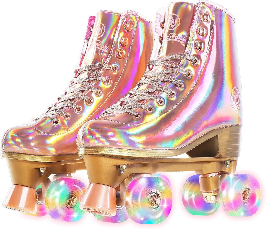 JajaHoho Roller Skates for Women, Holographic High Top PU Leather Rollerskates, Shiny Double-Row Four Wheels Quad Skates for Girls and Age 8-50 Indoor (Pink Rose Gold) (US 1)