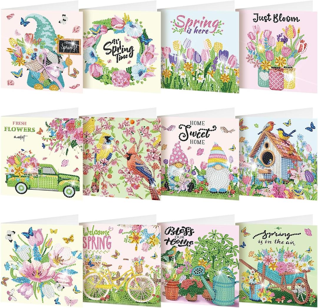 Saillong 12 Pack Spring Diamond Painting Greeting Card Kits Easter Diamond Art Cards with Envelopes Gnome Tulips Flowers 5d Rhinestones Painting Kits for Adults DIY Crafts Family Friend Spring Gifts