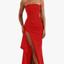 Eightale Strapless Long Prom Dresses Satin Mermaid Ruffle Split Maxi Formal Gown for Women, S, 36, Red 