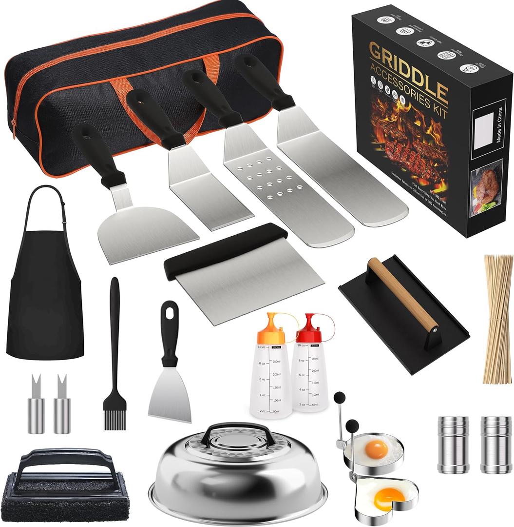 120 Pcs Griddle Accessories Kit for Blackstone - Perfect Flat Top Grill Accessories for Outdoor, Professional Round Melting Dome with Cast Iron Smash Burger Press for Barbecue