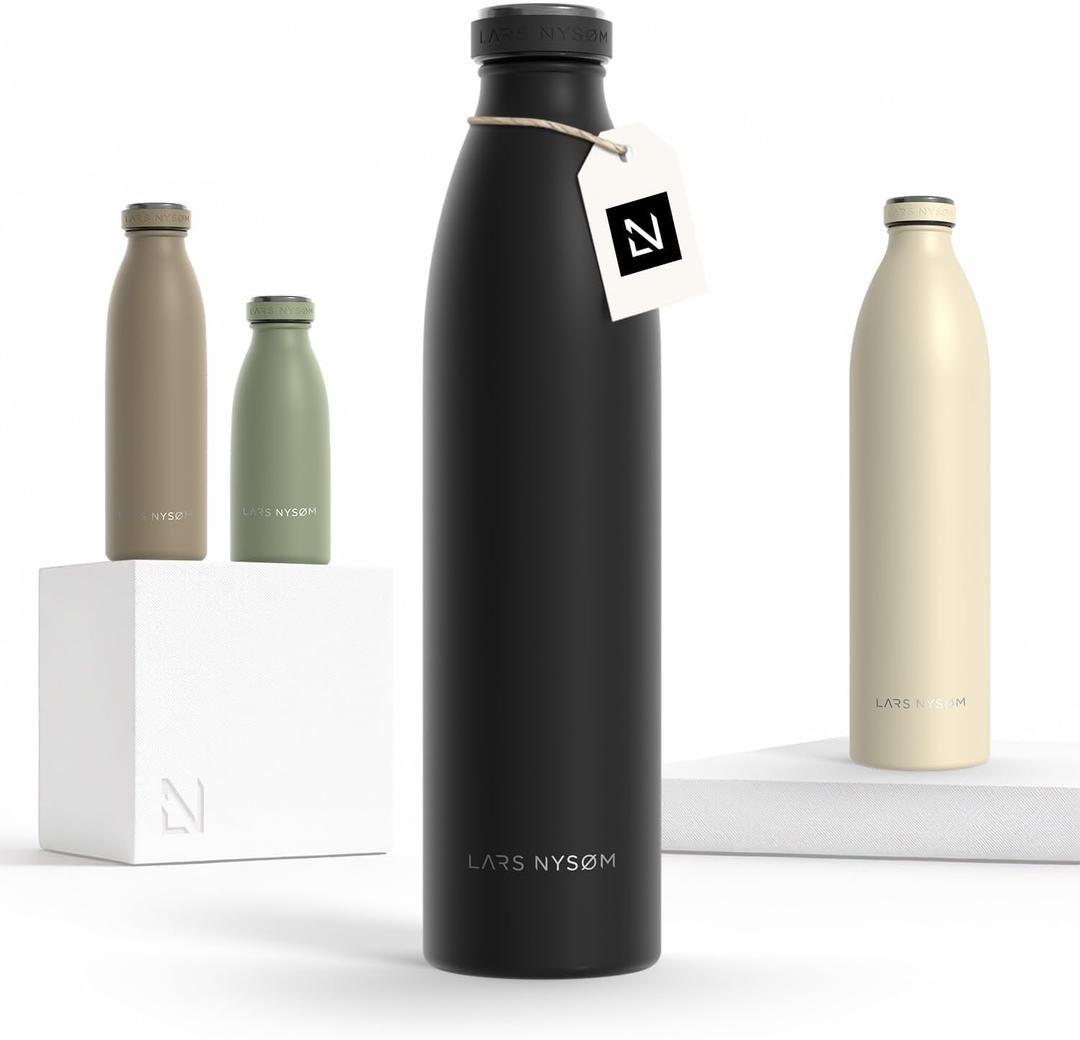 LARS NYSM Stainless Steel Insulated Water Bottle 12oz 17oz 25oz 34oz 51oz | Insulated Thermo Flask for Hot and Cold Beverages | Leakproof Drinking Bottle (Carbon Black, 33.9oz) (33.8 Ounces)
