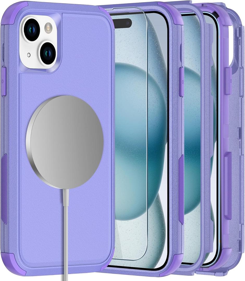Diverbox for iPhone 15 case Compatible with Magnetic with Screen Protector 2 Pack [Three-Layer Combination][15 FT Military Grade Drop Protection] Heavy Duty Full-Body Shockproof Phone Case (Purple)