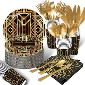 120 pcs Roaring 20s Party Decorations | Serves 16 Guests | Gatsby Theme Tableware Set Kit, Retro Jazz Party Roaring Twenties Party Plates Napkins Set Signs for Roaring 1920s Party Decorations