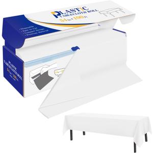 YSYJ Plastic Table Cover Roll White Disposable Table Cloth 54 in x 100 Ft, Plastic Table Cloths with Slide Cutter Table Cover for Parties