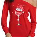 Women's Sexy Off Shoulder Christmas Print T-Shirt Long Sleeve Holiday Merry Xmas Tunic Tops (Red, XXL)