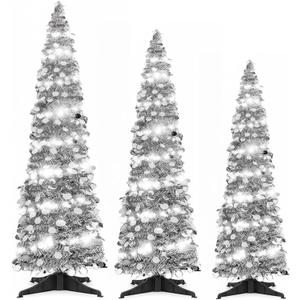 Leyndo 3 Pcs 3 4 5 ft Collapsible Artificial Christmas Tree with LED Light Pre Lit Silver Sequined Pop Up Tinsel Pencil Skinny Xmas Tree for Indoor Home Fireplace Decoration