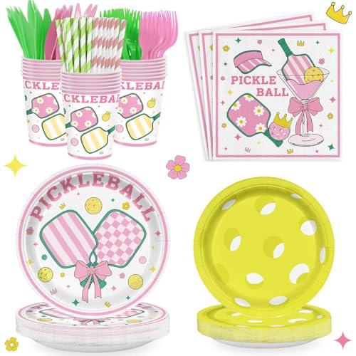 168PCS Pickleball Party Supplies for Girls Player Themed Sports Birthday Party Decorations Pink Coquette Preppy Pickleball Party Plates Napkins Tableware Set for Baby Shower Serve 24 Guests