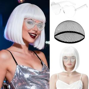 MEEZY White Short Bob Wigs Straight Hair with Flat Bangs Heart Sunglasses for Women, Colorful Funny Cosplay Party Neon Wig Synthetic Natural As Real Carnival Halloween Costume Party Favors