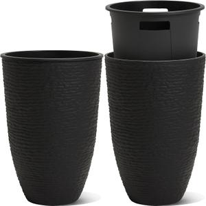 Worth Garden 2-Pack 21" H. Black Tall Planters with Inside Pots - 14'' Dia Plastic Large Round Plant Tree Pots - Decorative Imitation Stone Finish for Indoor Outdoor Front Porch Container Patio