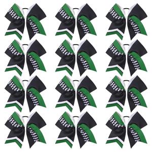 DEEKA 12 PCS Softball Cheer Bows 8" Softball Thread Large Cheer Hair Bows Ponytail Holder Handmade for Teen Girls Sports Cheerleader -Black/Green/White