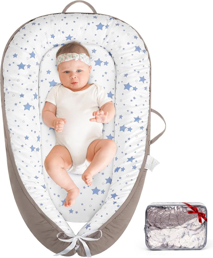 HKAI Baby Lounger  Soft Cotton Infant Floor Seat for Newborn to 24 Months, Portable Travel-Friendly Pillow for Boys & Girls (Grey Star)