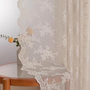 MEETSKY Lace Sheer Curtains 96 Inches Long Set of 2 Vintage Victorian French Elegant Scalloped Boho Style Light Filtering Back Tab Rod Pocket Drapes for Home Decor, 50"x96", 2 Panels, Oatmeal Beige