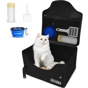 Petskd Portable Travel Litter Box for Cats with Lid and 10 pcs Liner Bags, Light Weight, Leak-Proof and Higher Sides for Road Trips, Hotel Stays, Car Travel(Black) (Large)
