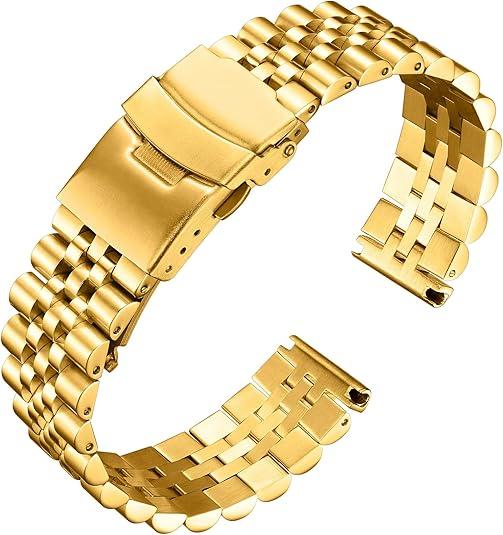 BINLUN Stainless Steel Watch Band Replacement Metal Watch Strap with Double Locking Foldover Clasp for Men Women 20mm in Gold