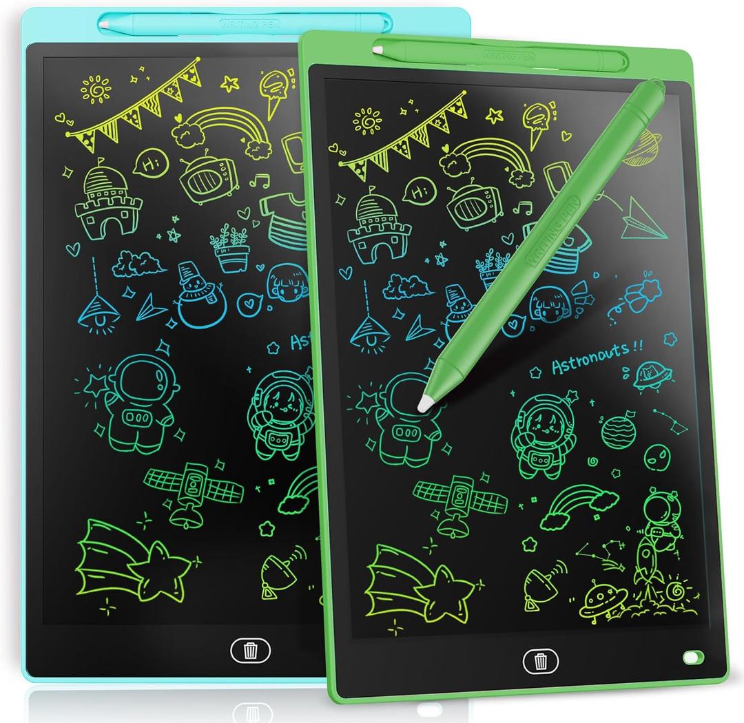 [2 Pieces] 12 Inch LCD Colorful Writing Graphic Tablet, Erasable Drawing Board, Kids Gift, Graphic Board for Games for 3 4 5 6 7 Years (Blue & Green)
