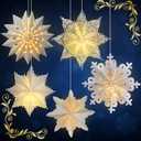 Riakrum 5 Pcs Christmas Snowflake Paper Lantern with 7 Light Star Paper Lantern Paper Lamp Party Hanging Decoration for Christmas Weddings Christmas Trees Birthday Holiday