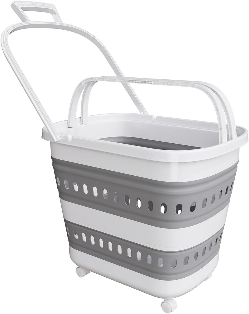 TECHMILLY Collapsible Plastic Laundry Basket Hamper with Wheels, 45L Portable Rubber Clothes Basket, Pop Up Storage Container/Organizer with Hanging Basket for Washing & Storage, Grey