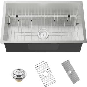 Kitchen Sink, 30x18 Inch Stainless Steel Drop In Kitchen Sink Modern Undermount Single Bowl Kitchen Sink Gift Combo-SS Grid,Silicon Mat,Drain Strainer Set Compatibility With Various Kitchen, Small