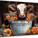 GLOKAKA Highland Cow Bathroom Wall Art Baby Cow in Bucket with Coloful Flowers Picture Prints Painting Farmhouse Animal Wall Decor Rustic Cattle Artwork for Nursery Home Decor (24"L x 16"W)