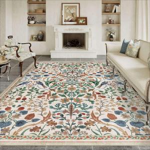 8x10 Washable Area Rug for Living Room Beige Floral Vintage Non Slip Low Pile Thin Rug Soft Lightweight Stain Resistance Carpet Bedroom Nursery Dining Room Office Classroom Playroom Home Decor