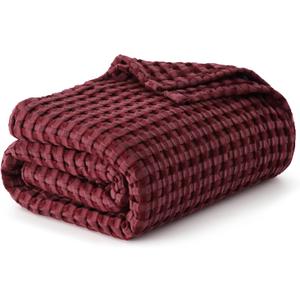 Bedsure Cooling Cotton Waffle Queen Size Blanket - Lightweight Breathable Blanket of Rayon Derived from Bamboo for Hot Sleepers, Luxury Throws for Bed, Couch and Sofa, Dark Red, 90x90 Inches