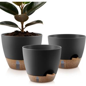 QRRICA Self-Watering Plant Pots with Water Level Indicator, Drainage Holes & Saucers 12/10/9 Inch Large Plastic Planter Set for Indoor & Outdoor Plants(Black)