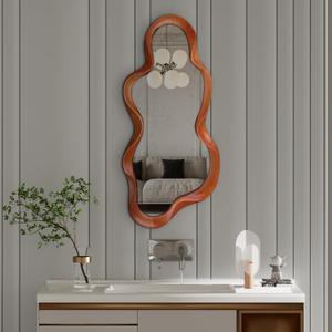 30"x 14" Irregular Wall Mirror, Wooden Walnut Framed Wall Asymmetrical Wavy Wall Mirror for Living Room Bedroom Entryway Bathroom Modern Decorative Mirror with Hanging Hooks