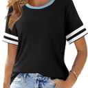 SHEWIN Women's Fashion Casual Crewneck Color Block T Shirts Short Sleeve Summer Tops Tees Slim Fit (Black, L)