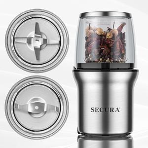 Secura Coffee Grinder Electric, Spice Grinder, Dual Glass Bowls for Wet & Dry Grinding