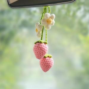 Crochet Strawberry and Flower Car Hanging Ornaments, Cute Aesthetic Rearview Mirror Hanging Accessories for Women and Girls, Handmade Polyester Fiber Car Decor Pack of 1 (Pink)