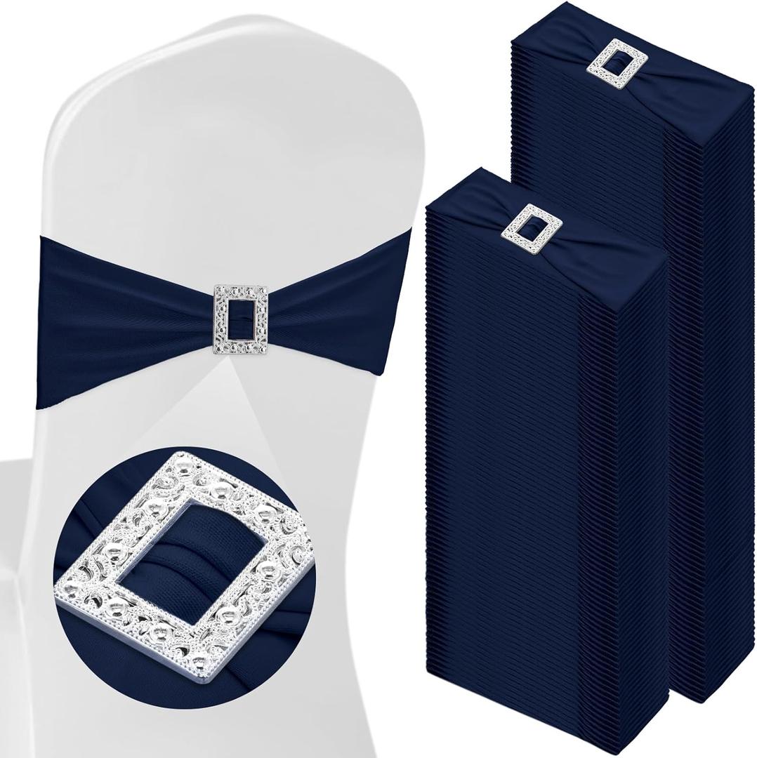 150 Pcs Spandex Chair Sashes with Square Buckle Slider Stretch Chair Cover Band Universal Elastic Ties Straps Bows for Wedding Banquet Event Party Decoration(Navy Blue)