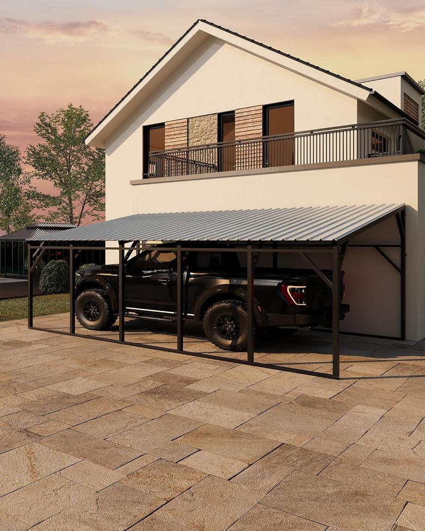Garvee 12x25 ft Lean-to Metal Carport, Vertical Roof Wall-Mounted Car Port for Snow Shedding, Heavy-Duty 19-Ga. Steel Frame, 107" to 78" Height for Long-Bed Pickup & SUV