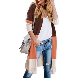 Lovaru Womens Boho Open Front Cardigan Colorblock Long Sleeve Loose Knit Lightweight Sweaters (Small, Brown)