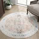 jinchan Round Rug 5ft Area Rug - Washable Boho Vintage Floral Circle 5' Round Floor Cover Lightweight Low Pile Thin Throw Non-Slip Carpet for Kitchen Living Room Bedroom Dining Room Office Pink Blush