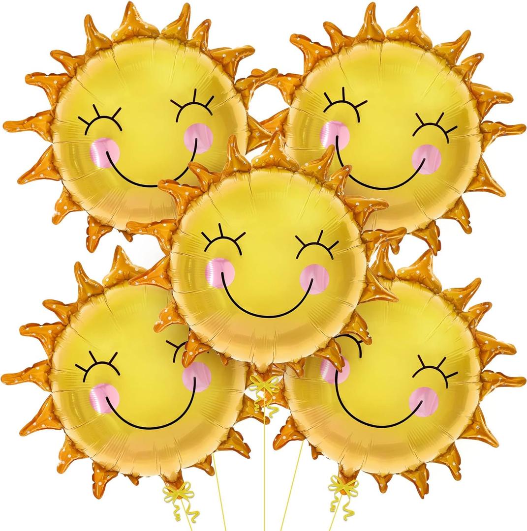 KatchOn, Smile Face Sun Balloons for Party - 26 Inch, Pack of 5 | Sunshine Balloon, Sun Foil Balloons for Sunshine Party Decorations | Here Comes the Son Baby Shower Decor
