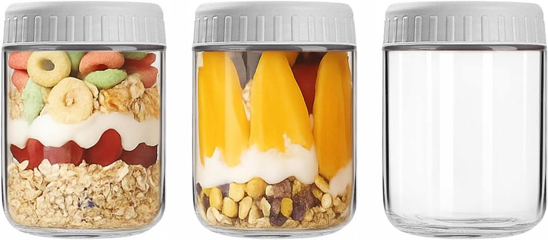Overnight Oats Containers with Lids, 16oz Wide Mouth Mason Jars with Lids, 3 Pack Glass Jars with Airtight lid for Chia Pudding Yogurt Salad, Meal Prer Oatmeal Jars, Gray